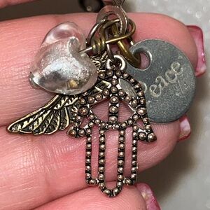 Silver Lariat Style ball chain necklace Adjustable length 5 charms heart Hamza